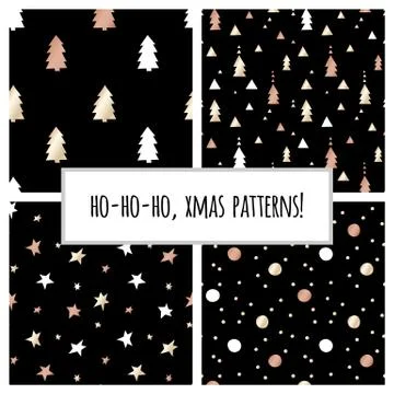 Set of gold foil seamless patterns with Christmas trees and stars for Christmas 库存插图