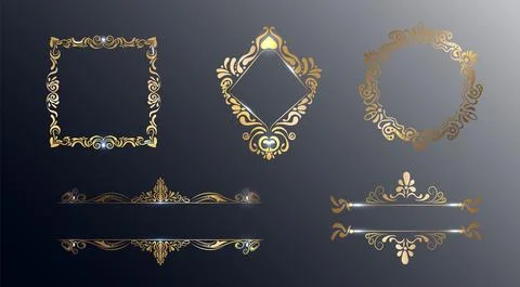 A set of gold frames from different shapes. Against a dark background. Victor Stock Illustration
