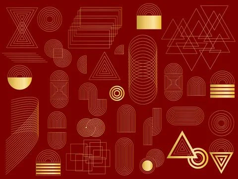 Set of gold geometric elements on red background 库存插图