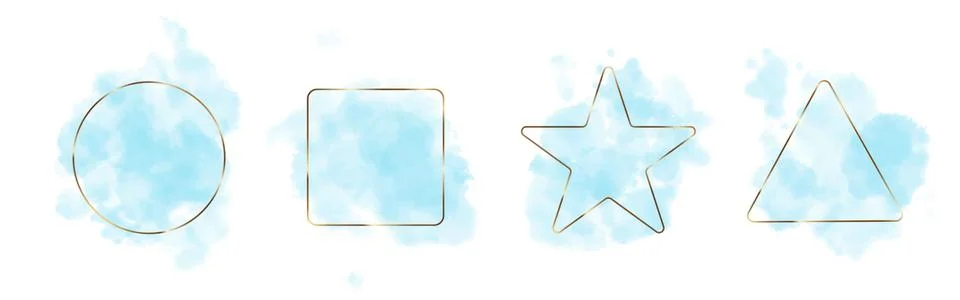 Set of gold geometric frames. Blue watercolor stains. The frame is triangular Illustrazione stock