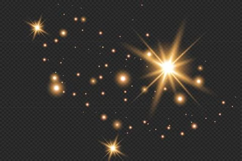 Set of gold glowing light effects isolated on dark background. Glow light effect Illustrazione stock