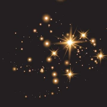 Set of gold glowing light effects isolated on dark background. Glow light effect Stock Illustration
