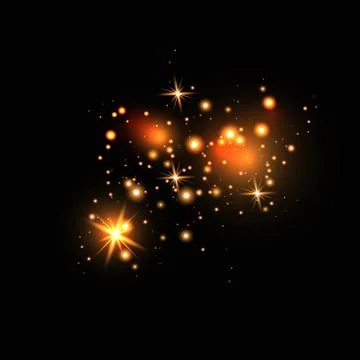 Set of gold glowing light effects isolated on dark background. Glow light effect Illustrazione stock