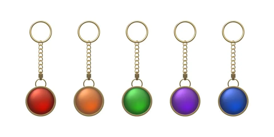 A set of gold keychains with a ring, chain, and round pendant in various bright Ilustración de archivo