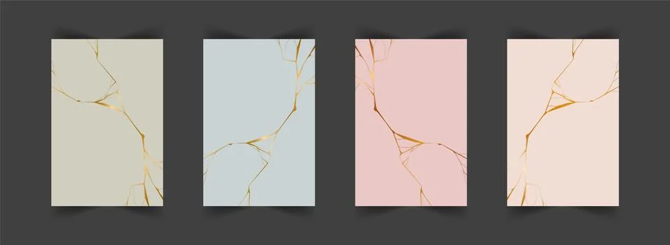Set of gold kintsugi backgrounds. Crack and broken effects. Marble texture Stock Illustration