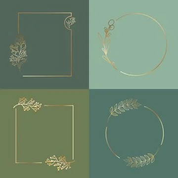 Set of gold leaf-shaped frames in trendy linear style - vector logo, emblem Stock Illustration