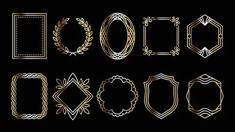 Set of gold luxury decorative frames and borders isolated on black background Stock Illustration