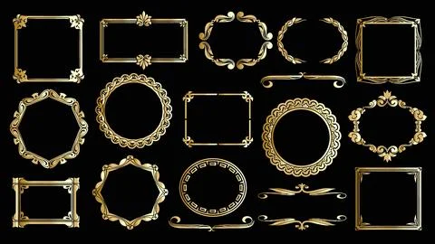 Set of gold luxury vintage frames and borders on black background. Illustrazione stock