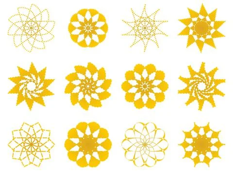 Set of gold mandala elements, yellow floral circular patterns, geometric su.. Stock Illustration