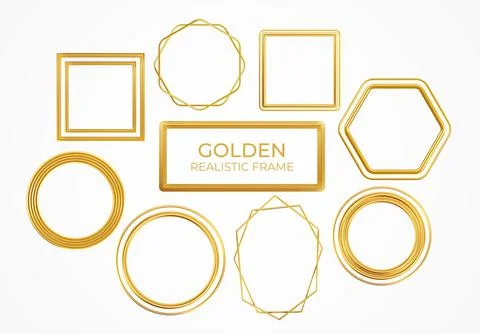Set of gold metal realistic frames of different shapes isolated on white Stock Illustration