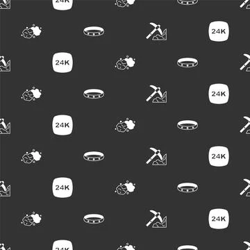 Set Gold mining, bars 24k, nugget and ring on seamless pattern. Vector Stock Illustration