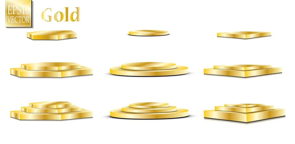 Set of gold podiums, set of different steps of golden color, on white backgro 库存插图