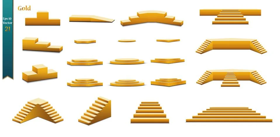 Set of gold podiums, set of different steps of golden color, on white backgro Illustration