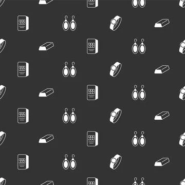 Set Gold ring, bars, 24k and Earrings on seamless pattern. Vector Stock Illustration