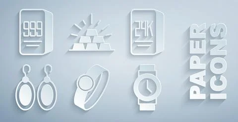 Set Gold ring, bars 24k, Earrings, Wrist watch,  and  icon. Vector Stock Illustration