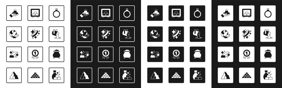 Set Gold ring, bars, Molten gold being poured, Safe with, and icon. Vector Stock Illustration