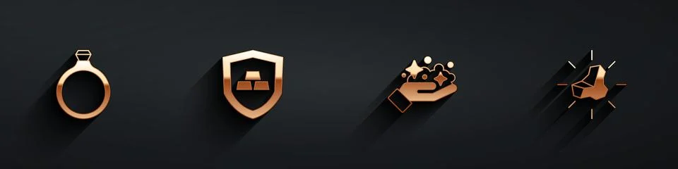 Set Gold ring, bars with shield, mine and nugget icon with long shadow. Vector Stock Illustration