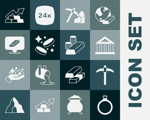 Set Gold ring, Pickaxe, Bank building, mining, coin money, bars, Growth arrow Ilustración de archivo