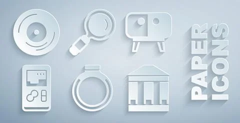 Set Gold ring, TV table stand, Portable video game console, Museum building.. Ilustración de archivo