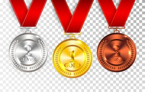 Set of gold, silver and bronze award medals with red ribbons. Medal round emp Stock Illustration