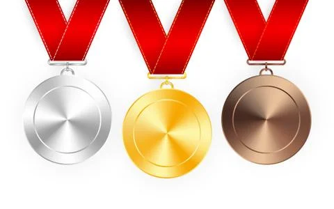 Set of gold, silver and bronze award medals with red ribbons. Medal round emp Stock Illustration