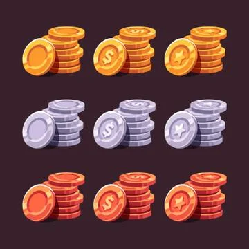 Set of gold, silver and bronze coin stacks on dark background Illustrazione stock