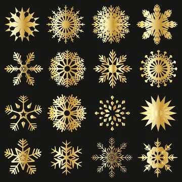 Set of Gold Snowflakes Vector Icon Symbol Design Stock Illustration