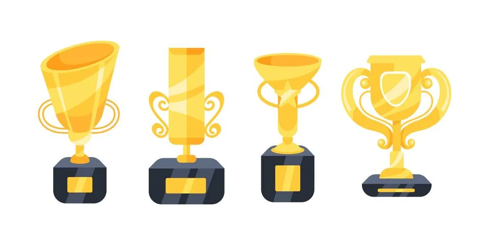 Set of gold trophy cups of different shapes with handles standing on pedestals Illustration