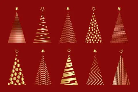 Set of gold vector stylized Christmas tree, logo icon festive isolated on red Stock Illustration