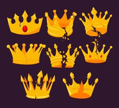 Set of golden broken crown set collection, Abolition of monarchy, Corrupted.. Illustrazione stock
