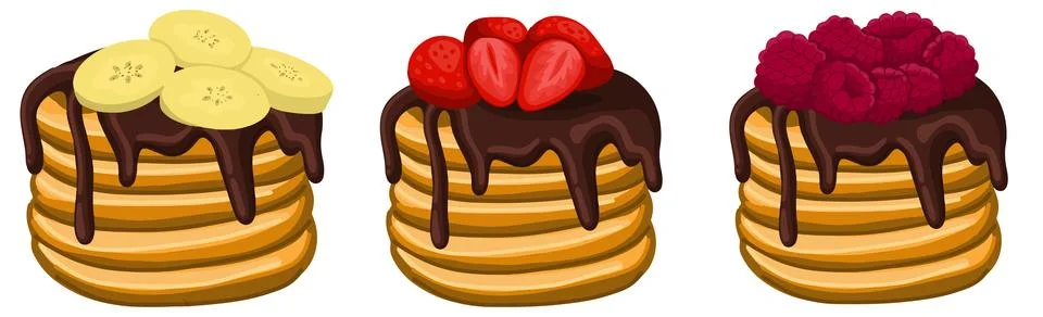 Set of golden brown pancakes stack topped with rich, melted chocolate and b.. Stock Illustration
