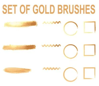 Set of golden brushes with examples of application in the form of a wavy line Stock Illustration