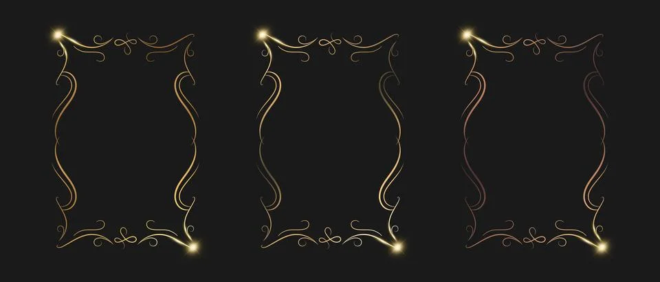 Set of golden calligraphic frames on black background. Luxury golden borders 스톡 일러스트