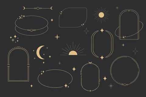 Set golden celestial frames, borders, arch line art esoteric minimal decoration Illustrazione stock