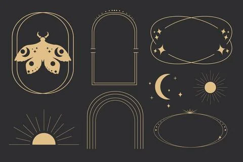 Set golden celestial frames, borders, arch line art esoteric minimal decoration Illustrazione stock