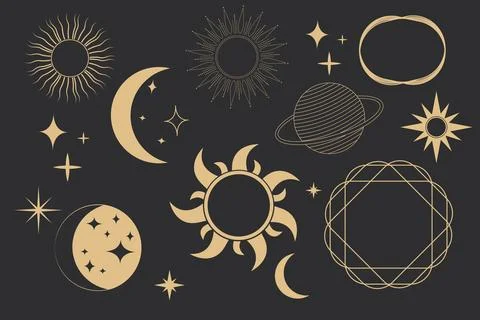 Set golden celestial frames, borders, arch line art esoteric minimal decoration Illustrazione stock
