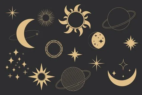 Set golden celestial frames, borders, arch line art esoteric minimal decoration Illustrazione stock