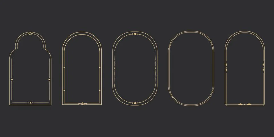 Set Golden celestial frames, borders, oval, circle and arch line art esoteric Stock Illustration