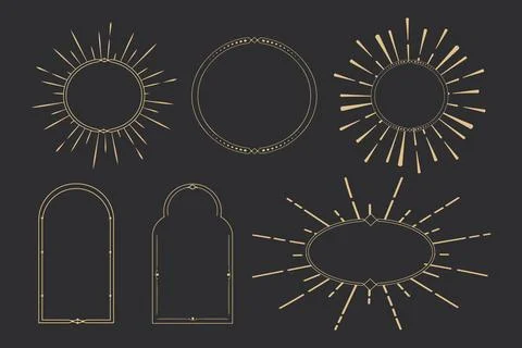 Set Golden celestial frames, borders, oval, circle and arch line art esoteric Stock-Illustration