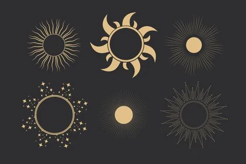 Set golden celestial frames sun, borders, arch line art esoteric minimal Stock Illustration