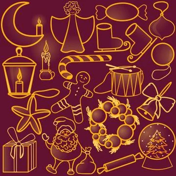 Set of golden christmas items vector illustration, outline style Stock Illustration