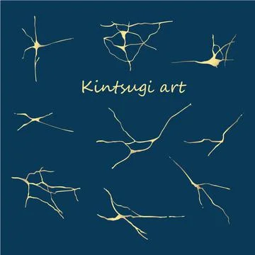 Set of golden cracked texture pattern on dark blue Illustrazione stock