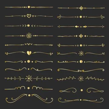 Set Of Golden Decorative Calligraphic Elements For Decoration. Handmade Vecto Stock Illustration