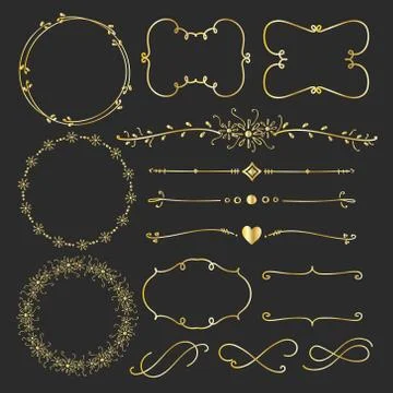 Set Of Golden Decorative Calligraphic Elements For Decoration. Handmade Vecto Stock Illustration