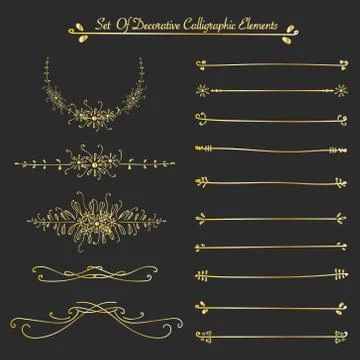 Set Of Golden Decorative Calligraphic Elements For Decoration. Handmade Vecto Illustrazione stock