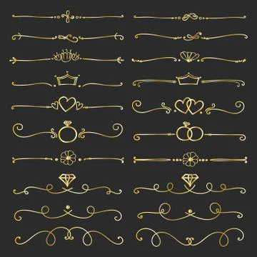 Set Of Golden Decorative Calligraphic Elements For Decoration. Handmade Vecto Stock Illustration