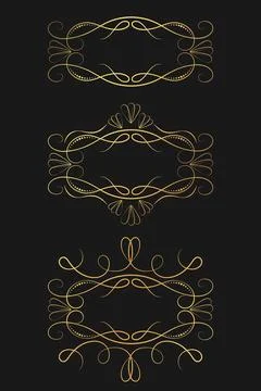 A set of golden decorative frames and vignettes on a black background Stock Illustration