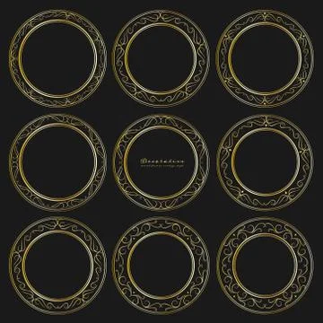 Set of golden decorative round frames vintage style. Vector illustration. Stock Illustration