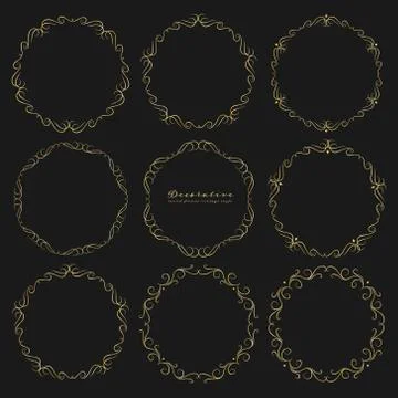 Set of golden decorative round frames vintage style. Vector illustration. Stock Illustration