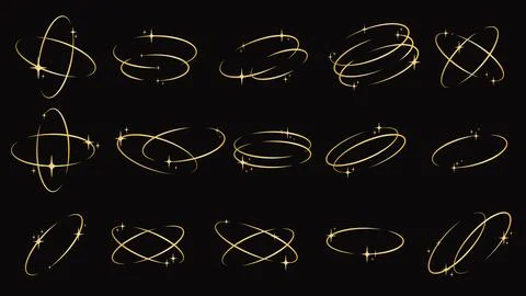 Set of golden design elements - oval orbit with shimmering particles Illustrazione stock